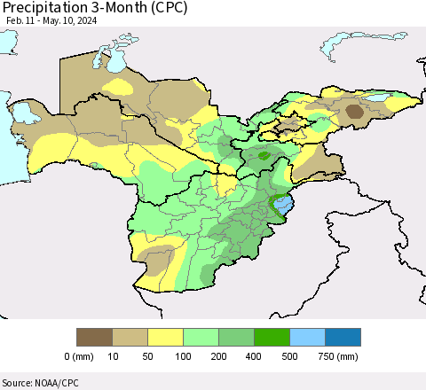 Central Asia Precipitation 3-Month (CPC) Thematic Map For 2/11/2024 - 5/10/2024