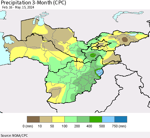 Central Asia Precipitation 3-Month (CPC) Thematic Map For 2/16/2024 - 5/15/2024