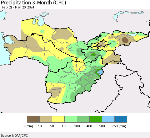 Central Asia Precipitation 3-Month (CPC) Thematic Map For 2/21/2024 - 5/20/2024