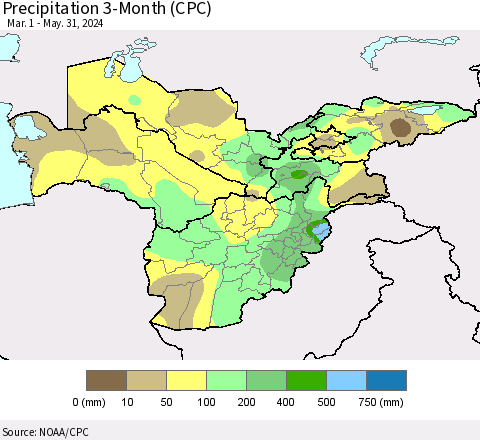 Central Asia Precipitation 3-Month (CPC) Thematic Map For 3/1/2024 - 5/31/2024