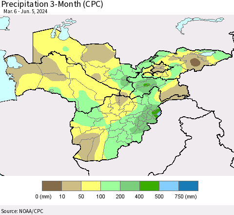 Central Asia Precipitation 3-Month (CPC) Thematic Map For 3/6/2024 - 6/5/2024