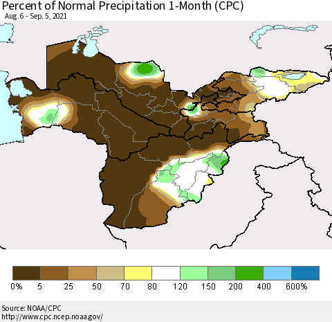 Central Asia Percent of Normal Precipitation 1-Month (CPC) Thematic Map For 8/6/2021 - 9/5/2021