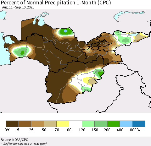 Central Asia Percent of Normal Precipitation 1-Month (CPC) Thematic Map For 8/11/2021 - 9/10/2021