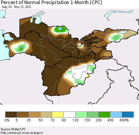 Central Asia Percent of Normal Precipitation 1-Month (CPC) Thematic Map For 8/16/2021 - 9/15/2021
