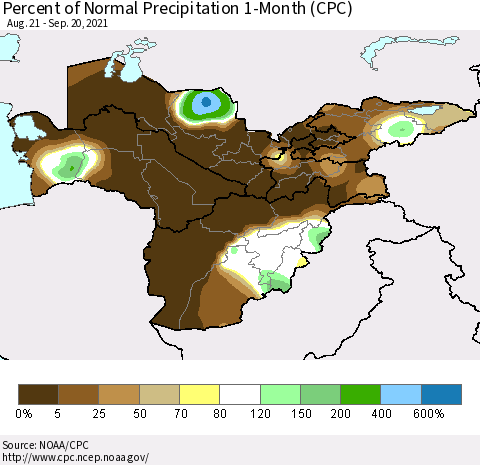 Central Asia Percent of Normal Precipitation 1-Month (CPC) Thematic Map For 8/21/2021 - 9/20/2021