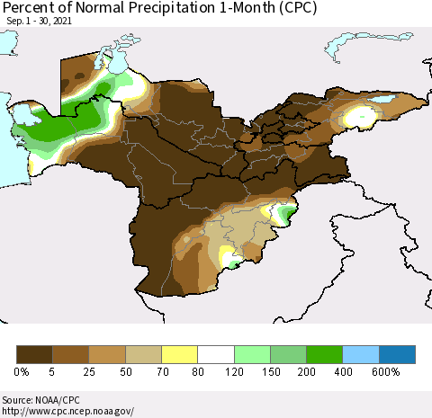 Central Asia Percent of Normal Precipitation 1-Month (CPC) Thematic Map For 9/1/2021 - 9/30/2021