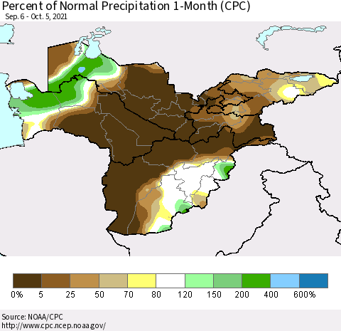 Central Asia Percent of Normal Precipitation 1-Month (CPC) Thematic Map For 9/6/2021 - 10/5/2021