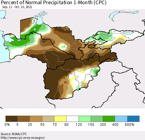 Central Asia Percent of Normal Precipitation 1-Month (CPC) Thematic Map For 9/11/2021 - 10/10/2021