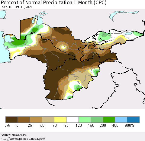 Central Asia Percent of Normal Precipitation 1-Month (CPC) Thematic Map For 9/16/2021 - 10/15/2021