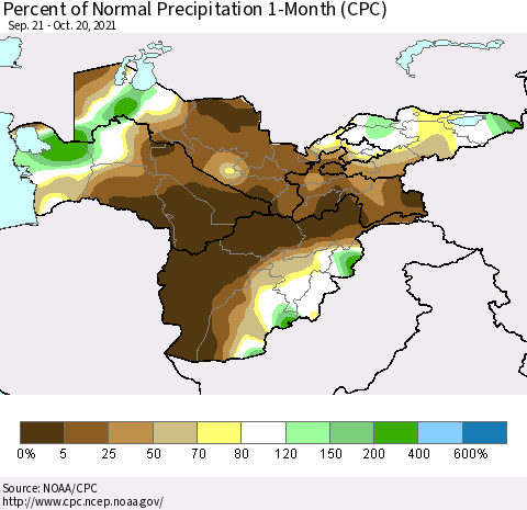 Central Asia Percent of Normal Precipitation 1-Month (CPC) Thematic Map For 9/21/2021 - 10/20/2021