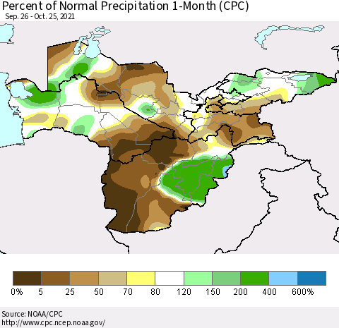 Central Asia Percent of Normal Precipitation 1-Month (CPC) Thematic Map For 9/26/2021 - 10/25/2021