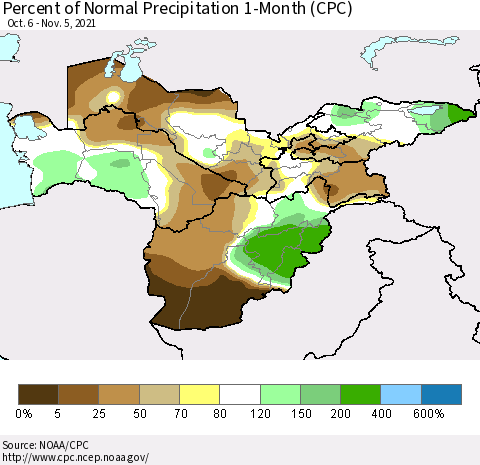 Central Asia Percent of Normal Precipitation 1-Month (CPC) Thematic Map For 10/6/2021 - 11/5/2021