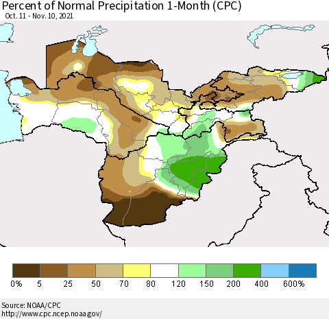 Central Asia Percent of Normal Precipitation 1-Month (CPC) Thematic Map For 10/11/2021 - 11/10/2021
