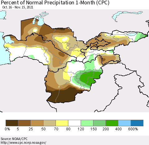 Central Asia Percent of Normal Precipitation 1-Month (CPC) Thematic Map For 10/16/2021 - 11/15/2021