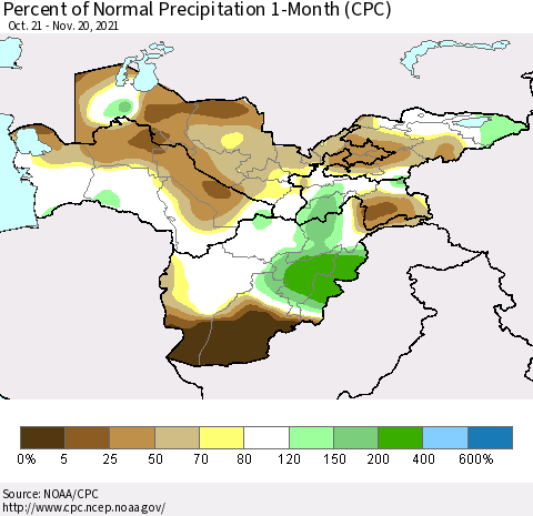 Central Asia Percent of Normal Precipitation 1-Month (CPC) Thematic Map For 10/21/2021 - 11/20/2021