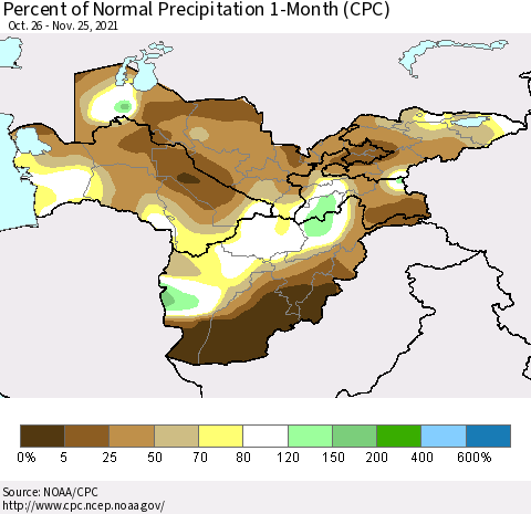 Central Asia Percent of Normal Precipitation 1-Month (CPC) Thematic Map For 10/26/2021 - 11/25/2021