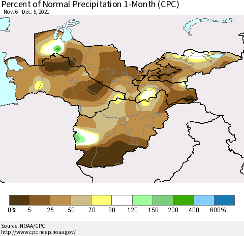 Central Asia Percent of Normal Precipitation 1-Month (CPC) Thematic Map For 11/6/2021 - 12/5/2021