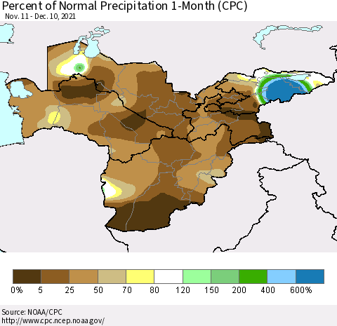 Central Asia Percent of Normal Precipitation 1-Month (CPC) Thematic Map For 11/11/2021 - 12/10/2021
