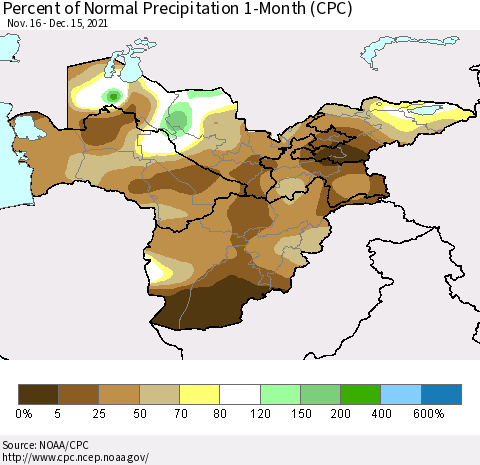 Central Asia Percent of Normal Precipitation 1-Month (CPC) Thematic Map For 11/16/2021 - 12/15/2021