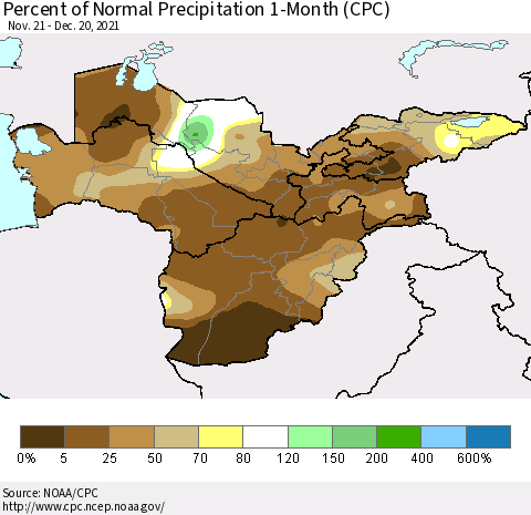 Central Asia Percent of Normal Precipitation 1-Month (CPC) Thematic Map For 11/21/2021 - 12/20/2021