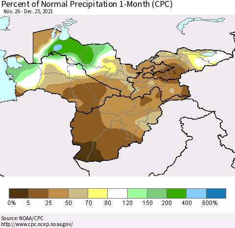 Central Asia Percent of Normal Precipitation 1-Month (CPC) Thematic Map For 11/26/2021 - 12/25/2021
