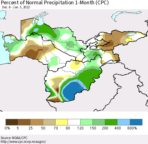 Central Asia Percent of Normal Precipitation 1-Month (CPC) Thematic Map For 12/6/2021 - 1/5/2022