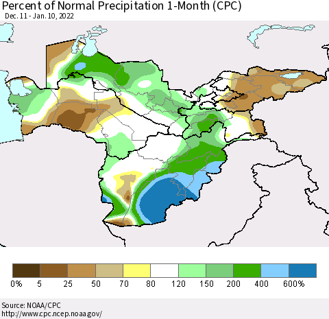 Central Asia Percent of Normal Precipitation 1-Month (CPC) Thematic Map For 12/11/2021 - 1/10/2022
