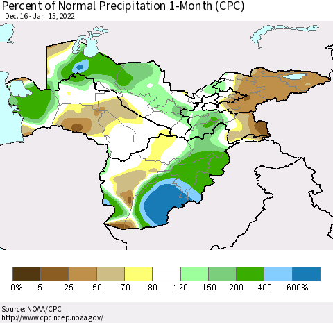 Central Asia Percent of Normal Precipitation 1-Month (CPC) Thematic Map For 12/16/2021 - 1/15/2022