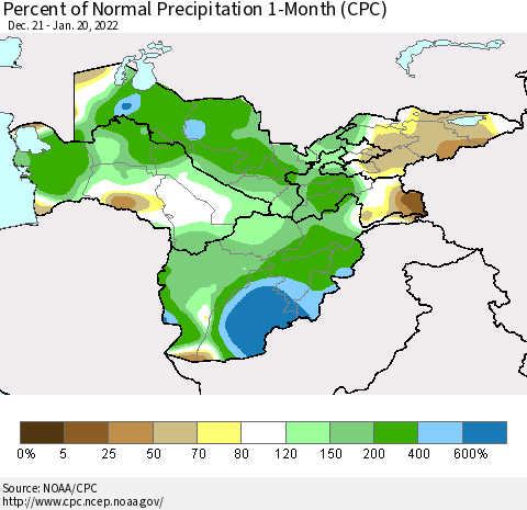 Central Asia Percent of Normal Precipitation 1-Month (CPC) Thematic Map For 12/21/2021 - 1/20/2022