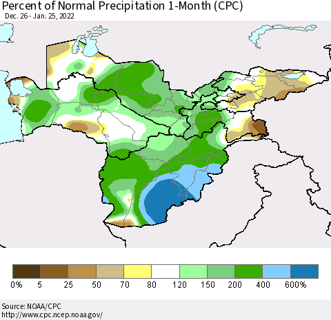 Central Asia Percent of Normal Precipitation 1-Month (CPC) Thematic Map For 12/26/2021 - 1/25/2022