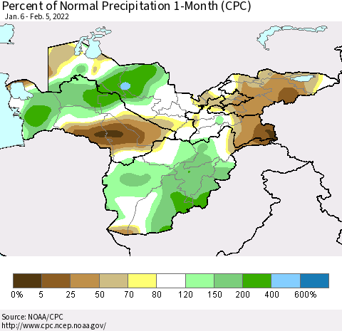 Central Asia Percent of Normal Precipitation 1-Month (CPC) Thematic Map For 1/6/2022 - 2/5/2022