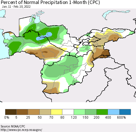 Central Asia Percent of Normal Precipitation 1-Month (CPC) Thematic Map For 1/11/2022 - 2/10/2022