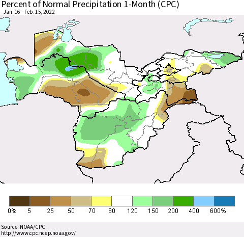 Central Asia Percent of Normal Precipitation 1-Month (CPC) Thematic Map For 1/16/2022 - 2/15/2022