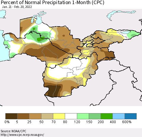 Central Asia Percent of Normal Precipitation 1-Month (CPC) Thematic Map For 1/21/2022 - 2/20/2022