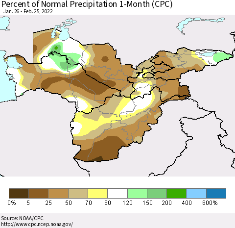Central Asia Percent of Normal Precipitation 1-Month (CPC) Thematic Map For 1/26/2022 - 2/25/2022