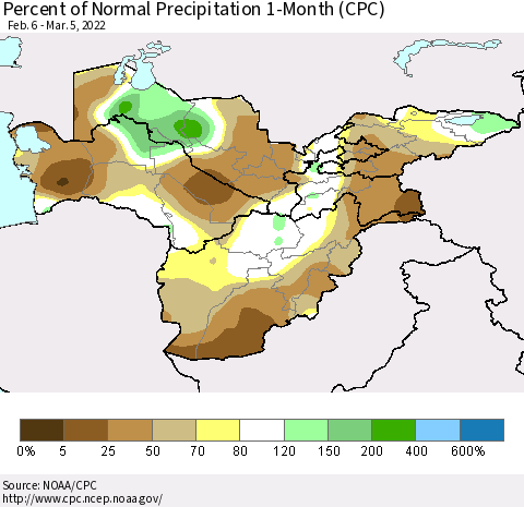 Central Asia Percent of Normal Precipitation 1-Month (CPC) Thematic Map For 2/6/2022 - 3/5/2022