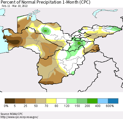 Central Asia Percent of Normal Precipitation 1-Month (CPC) Thematic Map For 2/11/2022 - 3/10/2022