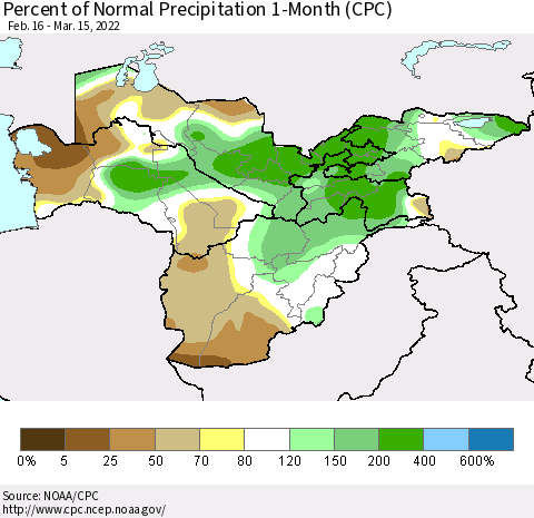 Central Asia Percent of Normal Precipitation 1-Month (CPC) Thematic Map For 2/16/2022 - 3/15/2022