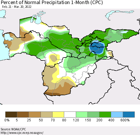 Central Asia Percent of Normal Precipitation 1-Month (CPC) Thematic Map For 2/21/2022 - 3/20/2022