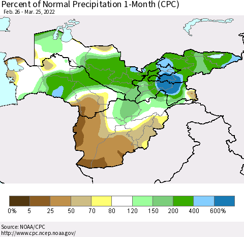 Central Asia Percent of Normal Precipitation 1-Month (CPC) Thematic Map For 2/26/2022 - 3/25/2022