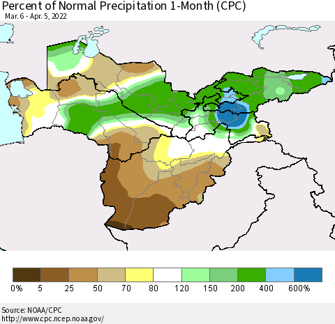 Central Asia Percent of Normal Precipitation 1-Month (CPC) Thematic Map For 3/6/2022 - 4/5/2022