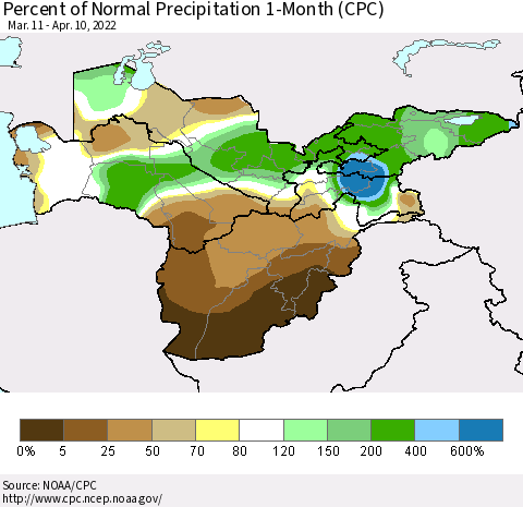 Central Asia Percent of Normal Precipitation 1-Month (CPC) Thematic Map For 3/11/2022 - 4/10/2022