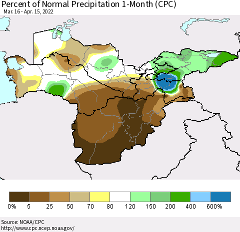 Central Asia Percent of Normal Precipitation 1-Month (CPC) Thematic Map For 3/16/2022 - 4/15/2022