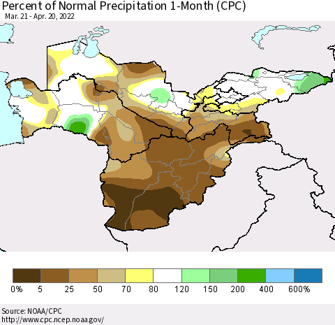 Central Asia Percent of Normal Precipitation 1-Month (CPC) Thematic Map For 3/21/2022 - 4/20/2022