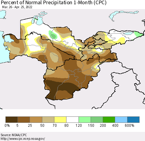 Central Asia Percent of Normal Precipitation 1-Month (CPC) Thematic Map For 3/26/2022 - 4/25/2022