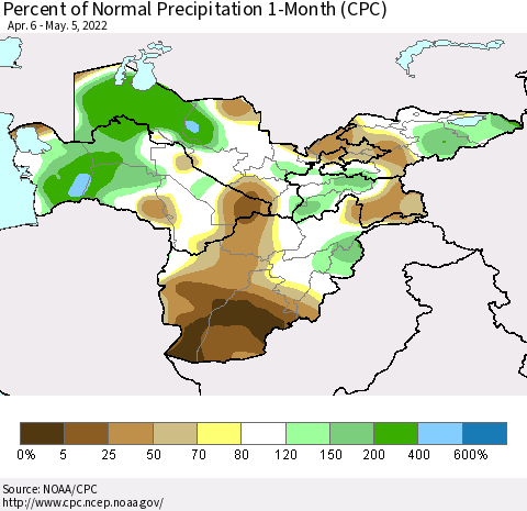 Central Asia Percent of Normal Precipitation 1-Month (CPC) Thematic Map For 4/6/2022 - 5/5/2022