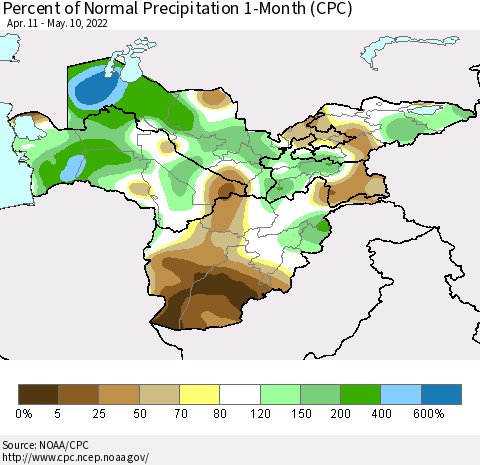 Central Asia Percent of Normal Precipitation 1-Month (CPC) Thematic Map For 4/11/2022 - 5/10/2022