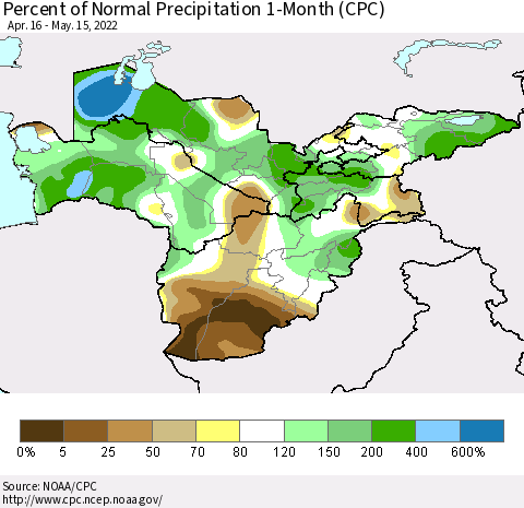 Central Asia Percent of Normal Precipitation 1-Month (CPC) Thematic Map For 4/16/2022 - 5/15/2022