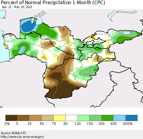 Central Asia Percent of Normal Precipitation 1-Month (CPC) Thematic Map For 4/21/2022 - 5/20/2022