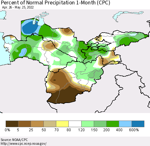 Central Asia Percent of Normal Precipitation 1-Month (CPC) Thematic Map For 4/26/2022 - 5/25/2022